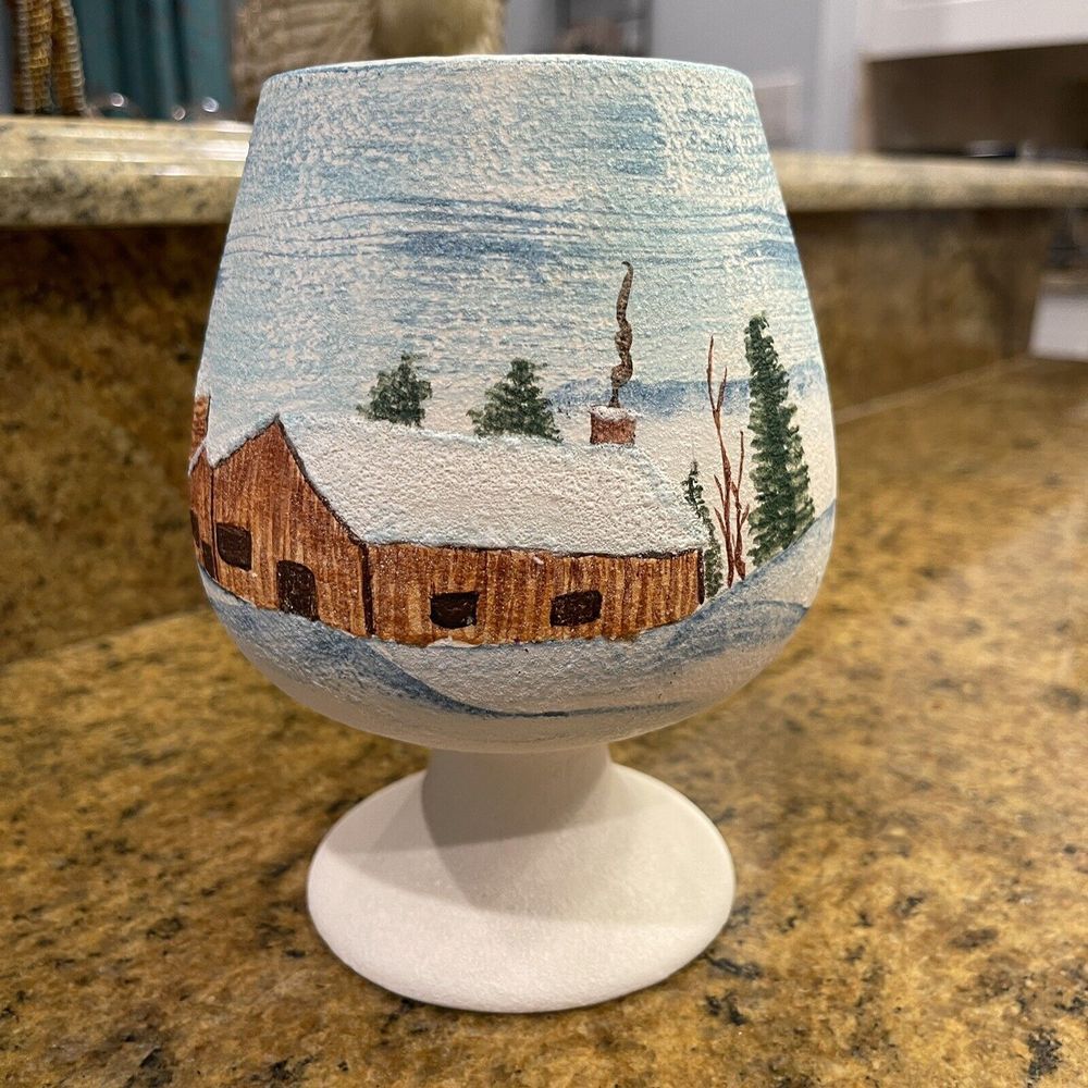 Vintage Vase‎ 7 Inch Pottery Art Studio Hand Painted Winter Scene House Signed